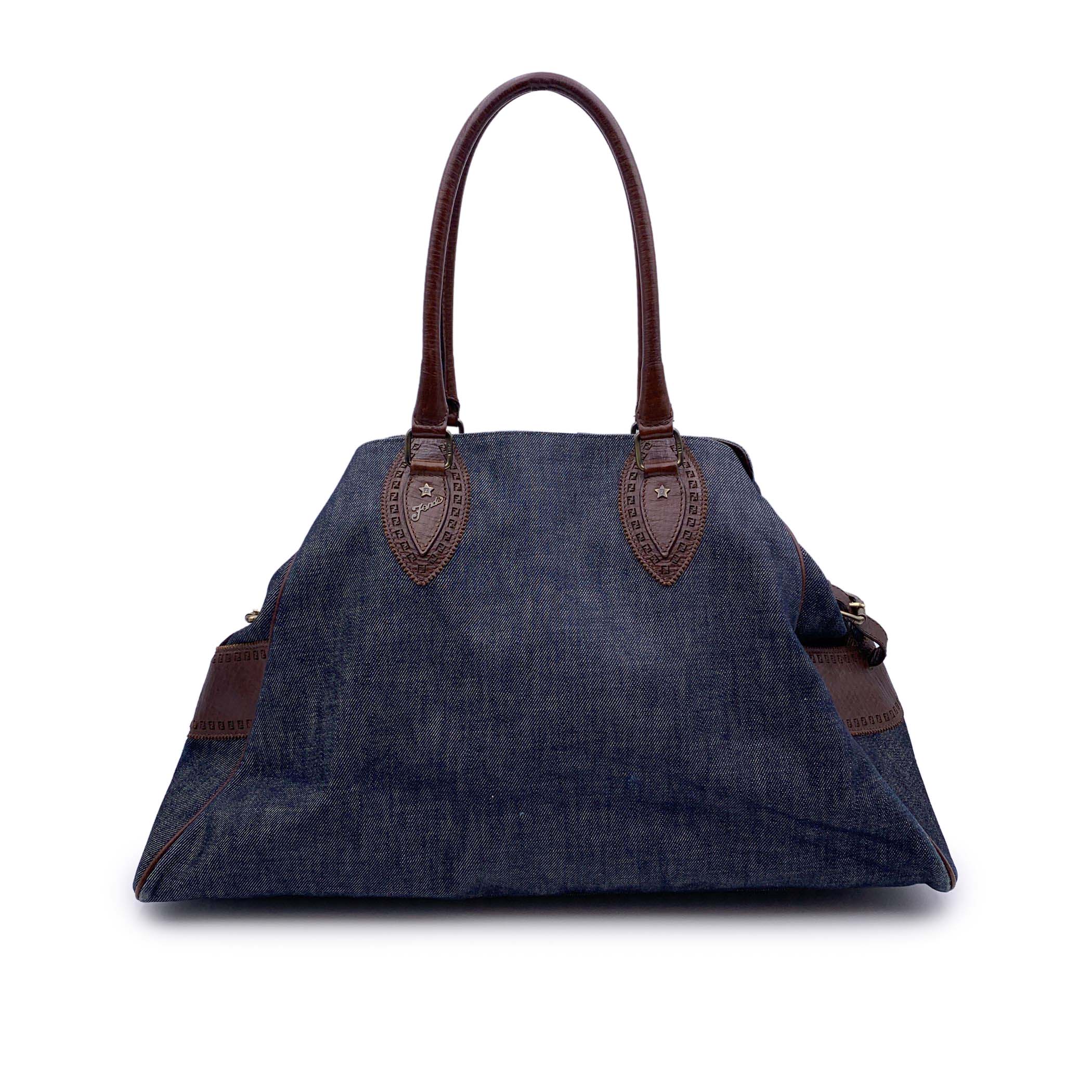 Fendi Blue Denim and Brown Leather Du Jour Shoulder Bag Tote