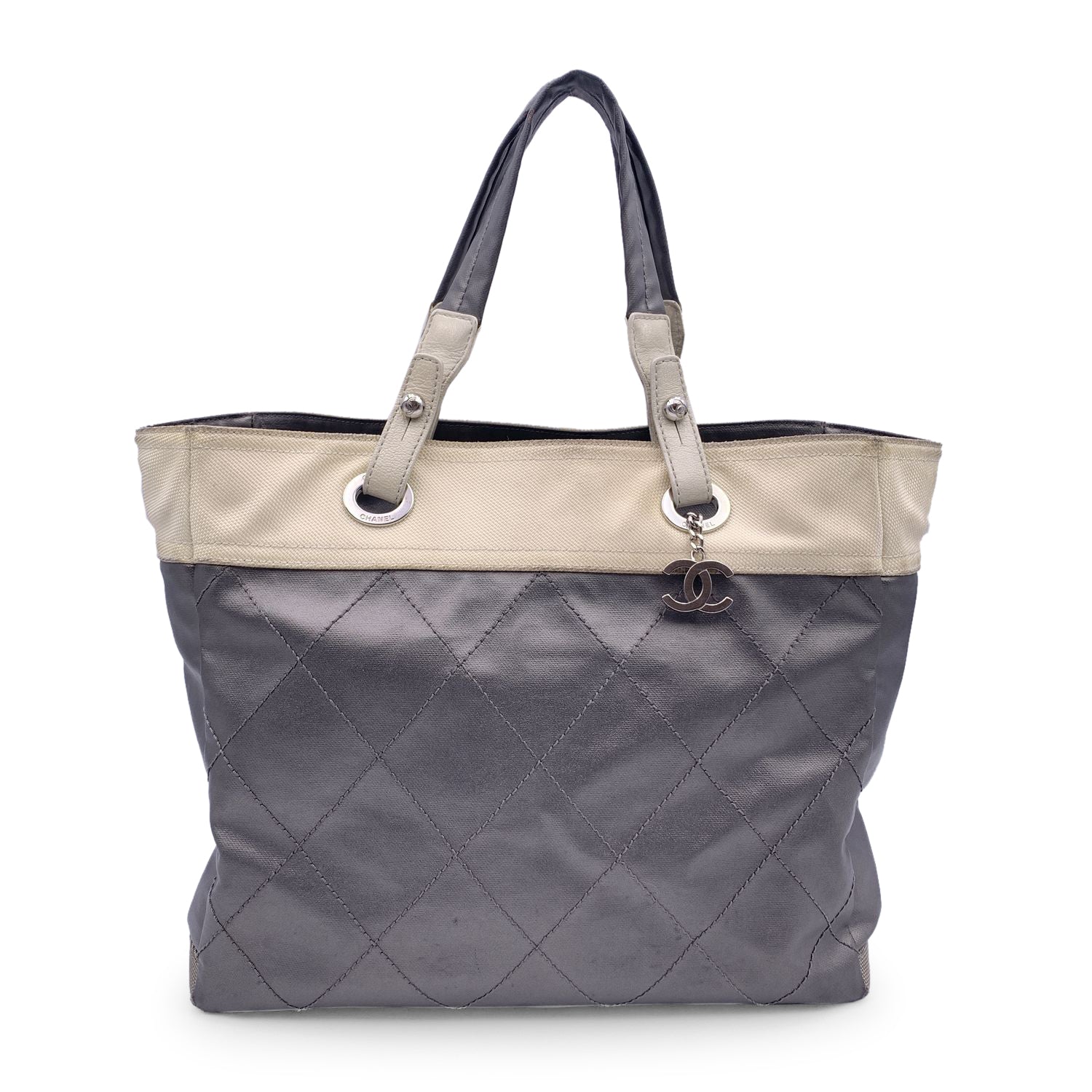 Chanel Gray Metallic Quilted Canvas Paris Biarritz Tote Bag