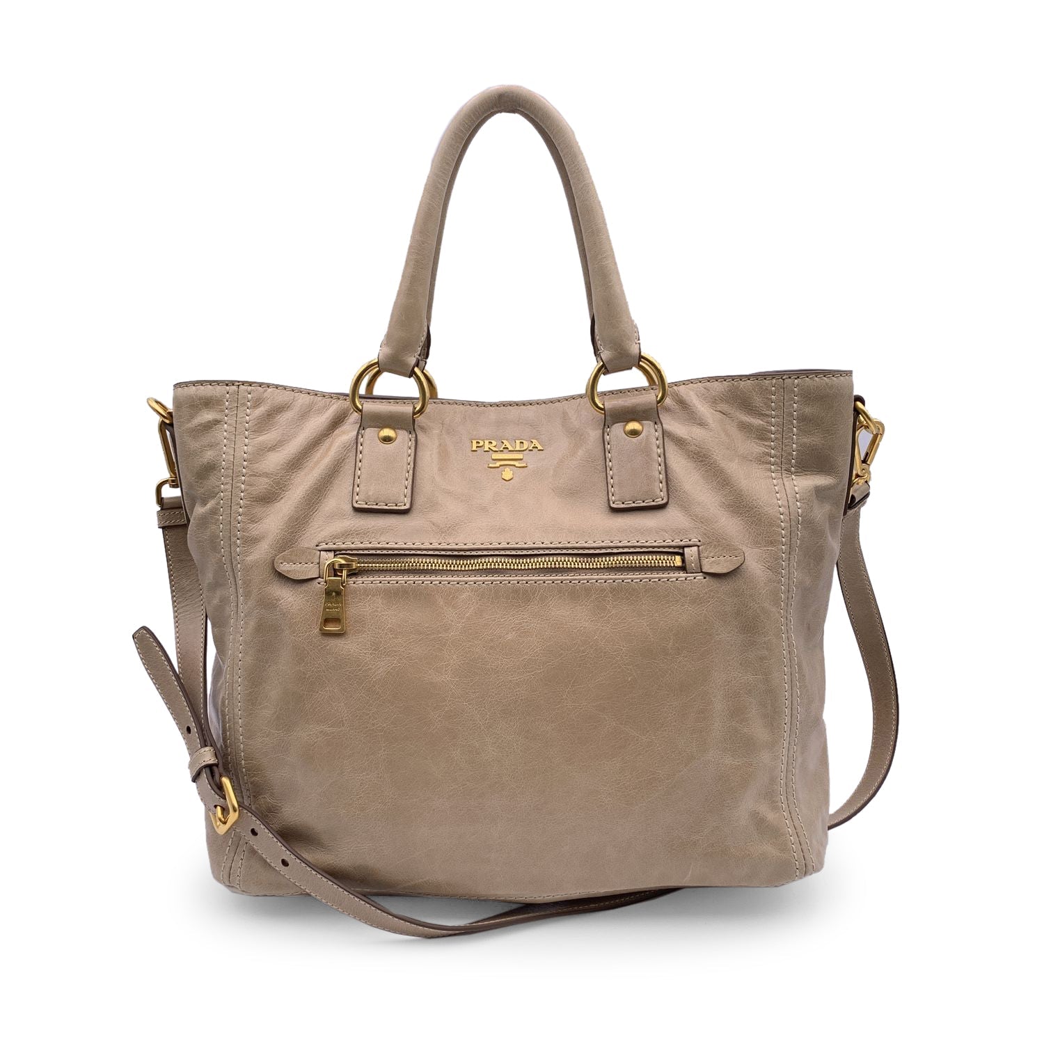 Prada Beige Vitello Shine Leather 2 Way Tote Shoulder Bag BN2151