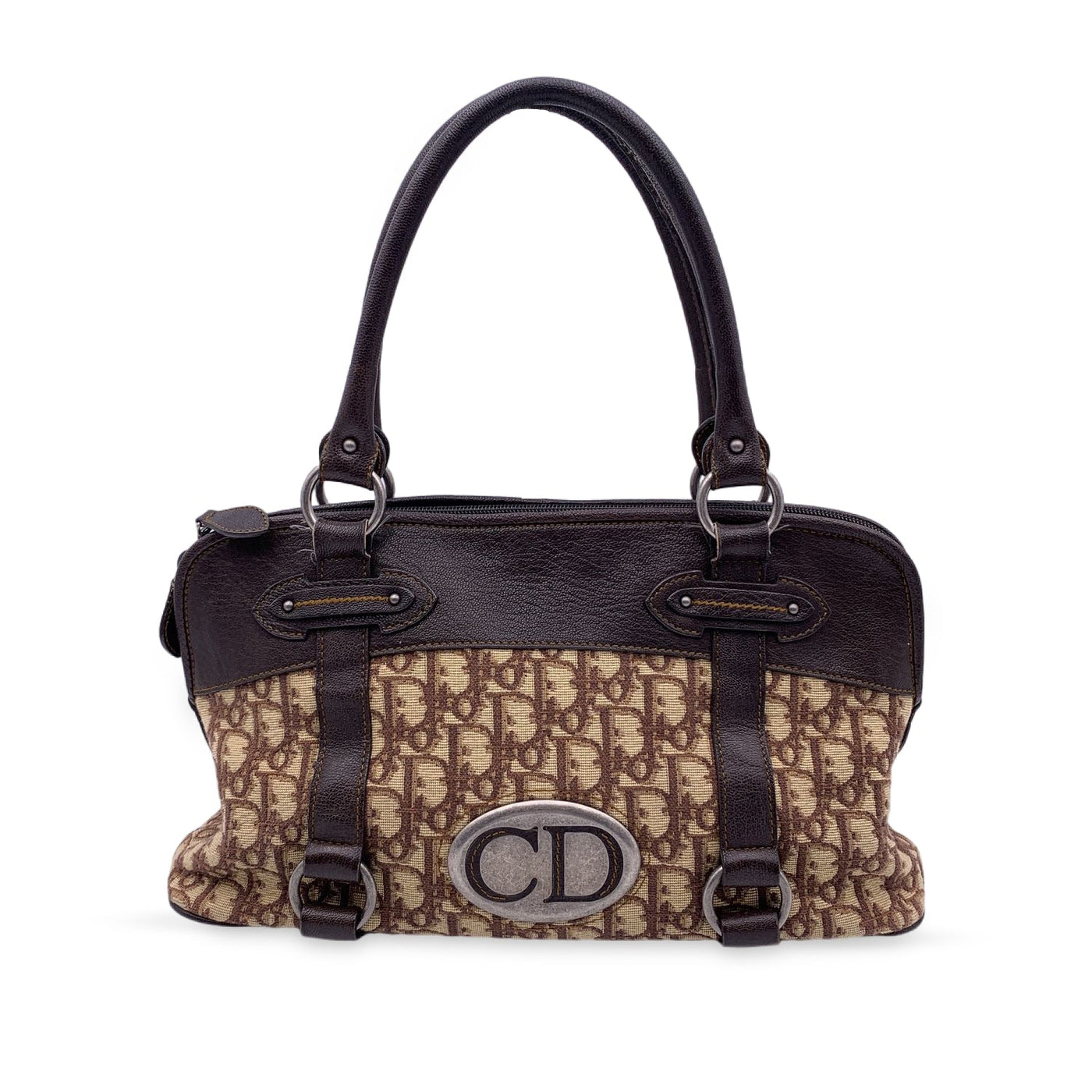 Christian-Dior-Trotter-Logo-Canvas-Leather-Boston-Bag-Brown