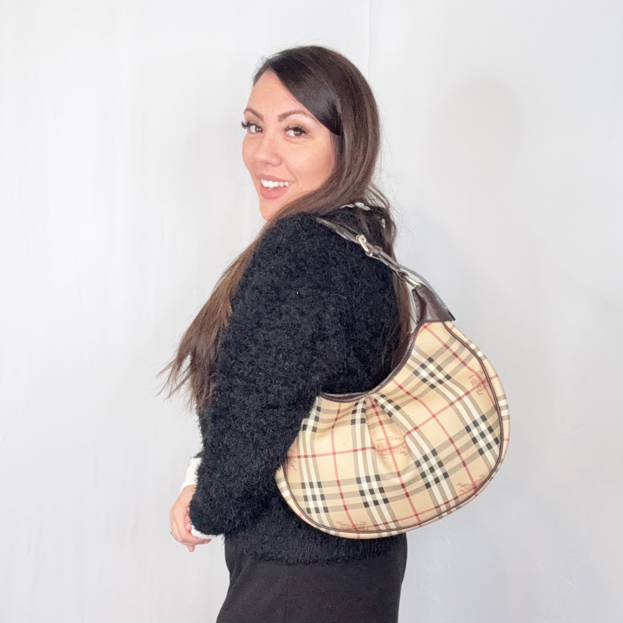 Burberry Beige Haymarket Check Canvas Brown Leather Rydal Hobo Bag