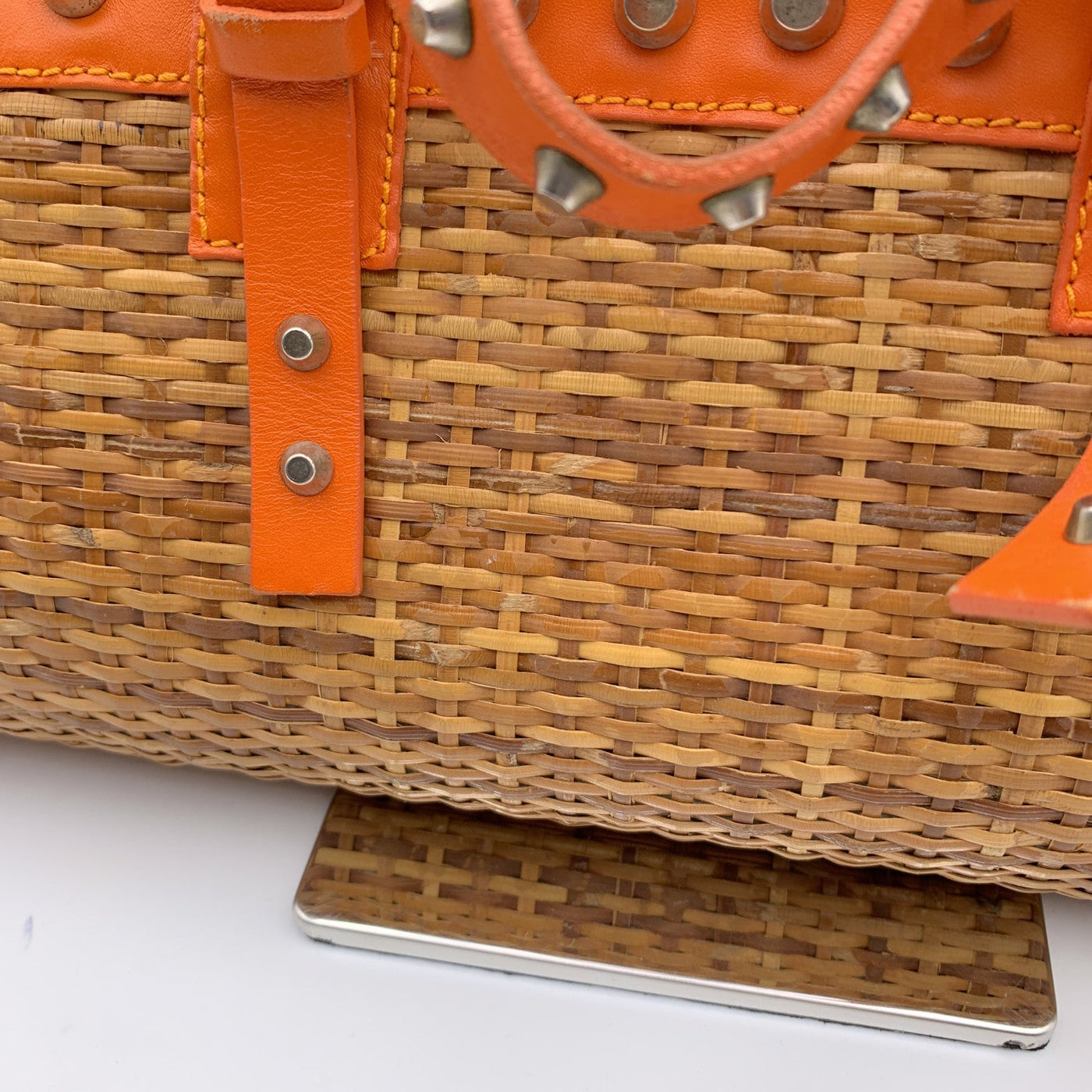 Fendi Wicker and Orange Leather Studded Tote Handbag Satchel