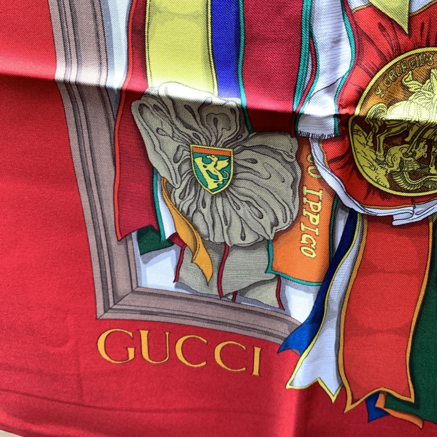 Gucci Vintage Red Silk Horse Ribbon Equestrian Scarf