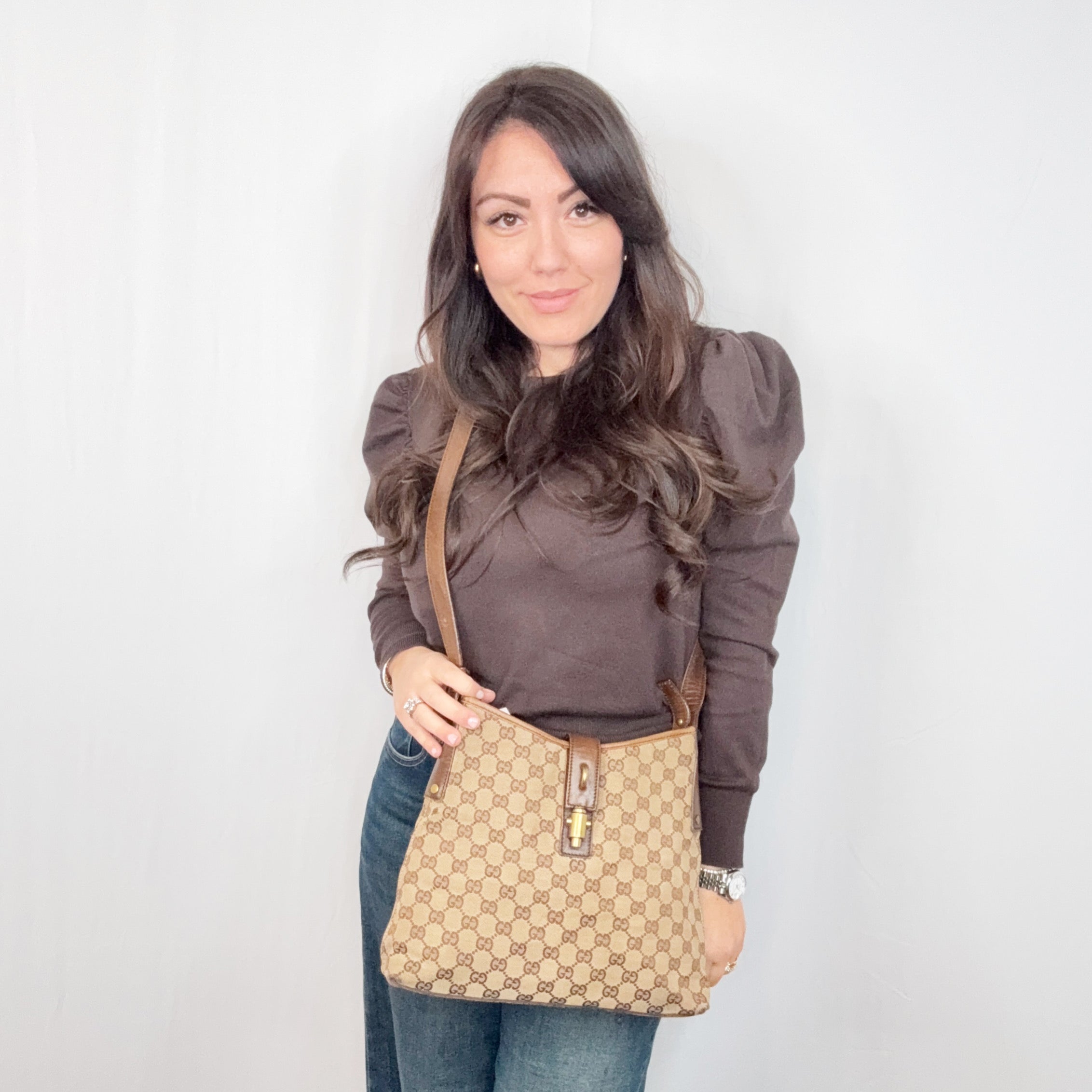 Borsa a tracolla Gucci Beige Monogram Canvas Piston Lock