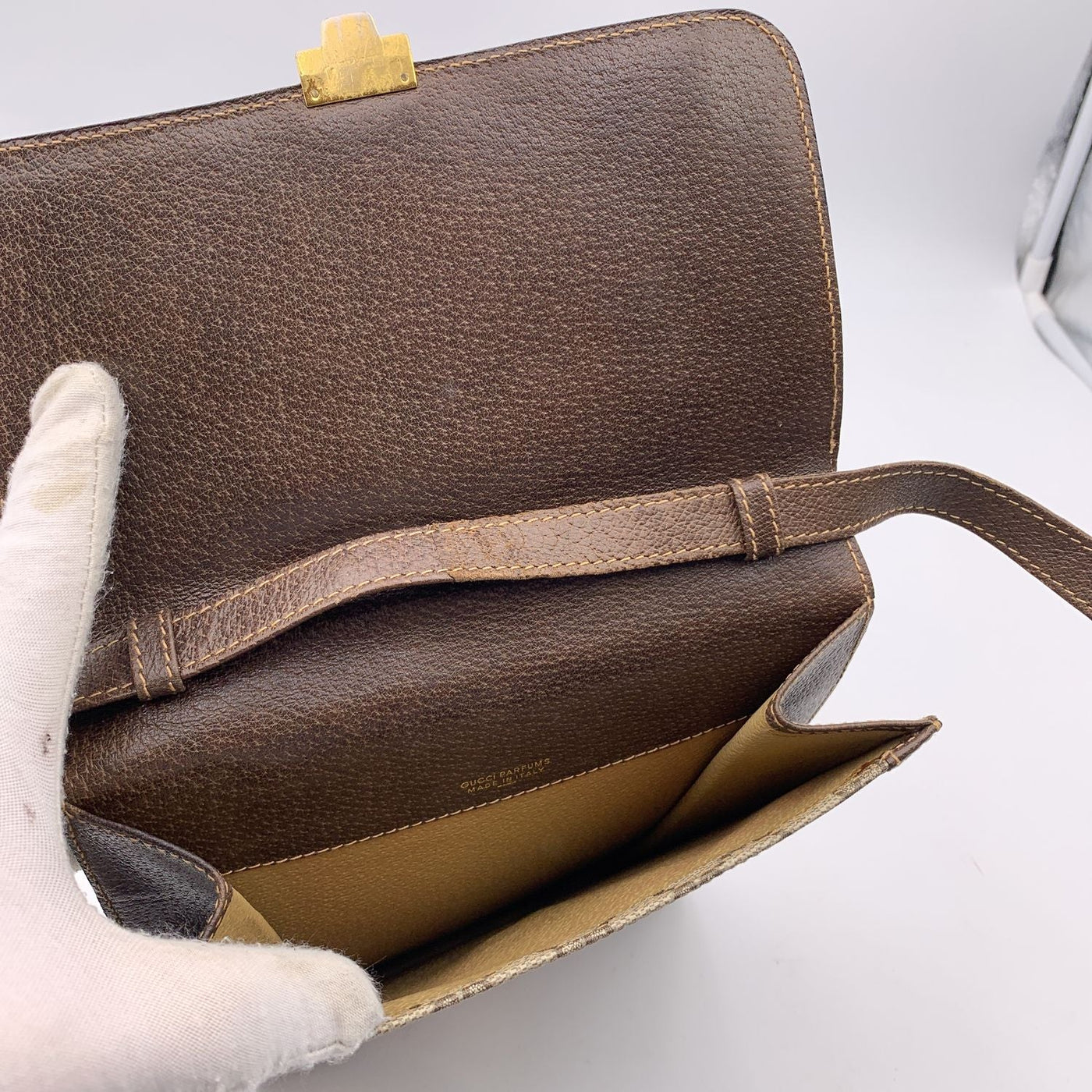 Vintage Genuine GUCCI Brown Monogram Striped Clutch Crossbody Bag