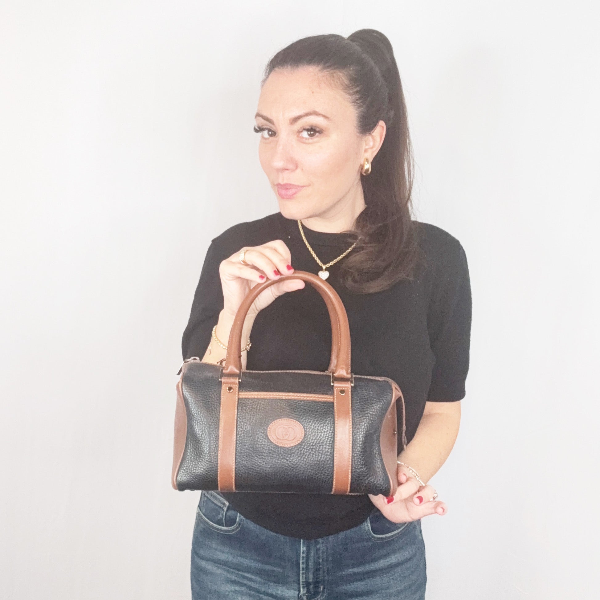 Borsa a mano Gucci Vintage in pelle marrone e nera Boston Bag