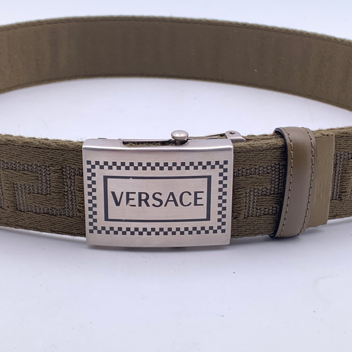 Versace Green Canvas Greek Pattern Unisex Adjustable Belt Size 80