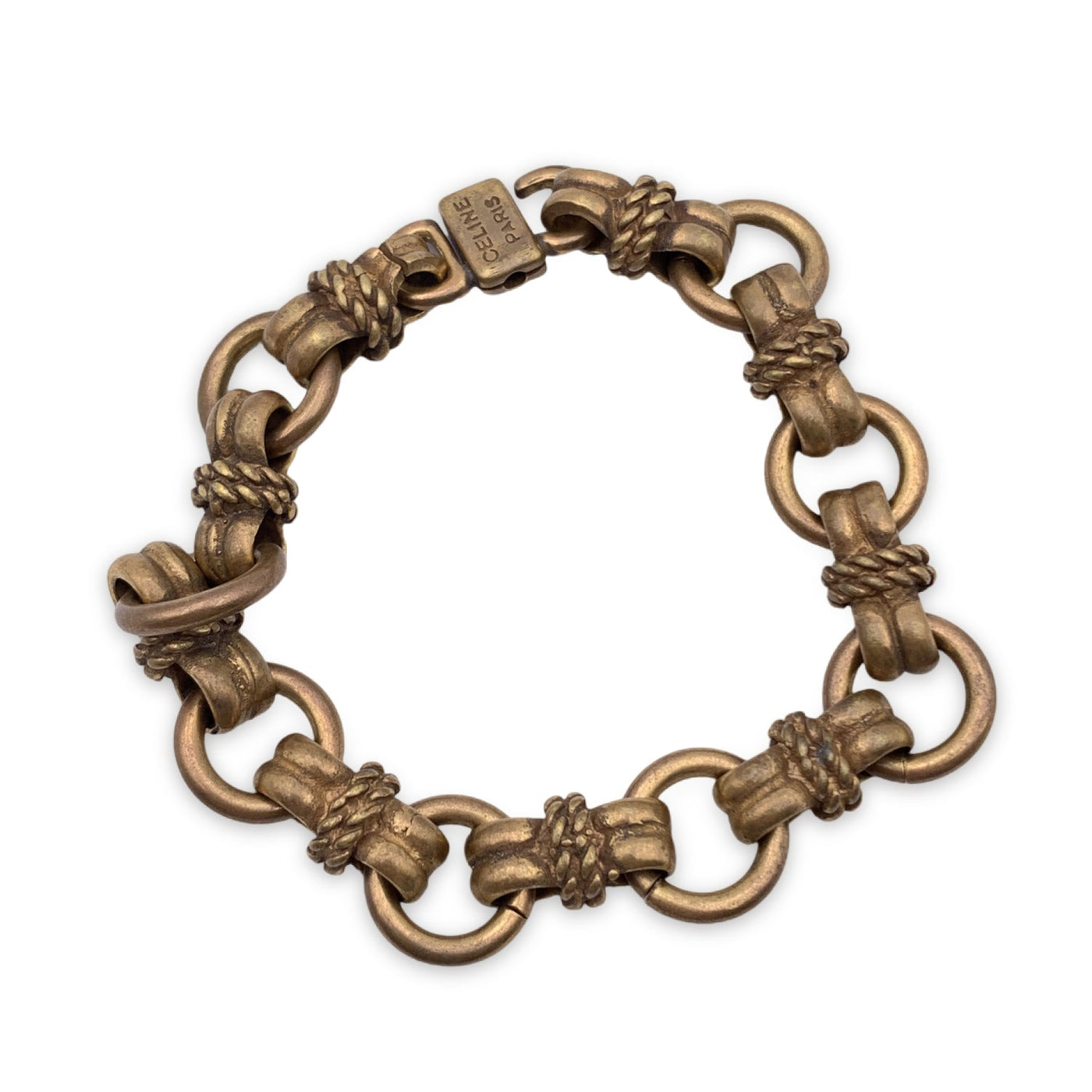 Celine Vintage Antiquated Gold Metal Chain Link Bracelet