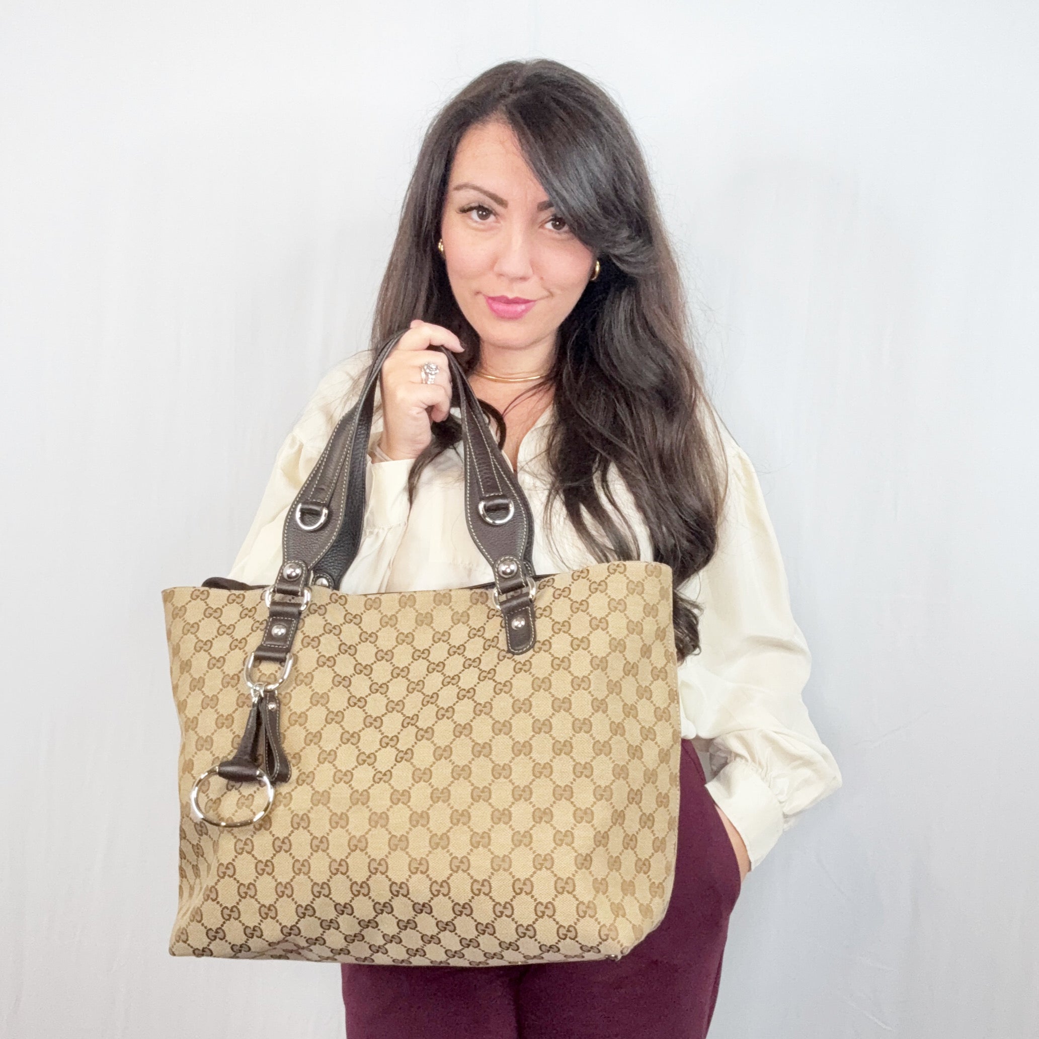 Borsa tote media Gucci Beige Marrone Monogram Canvas Icon Bit