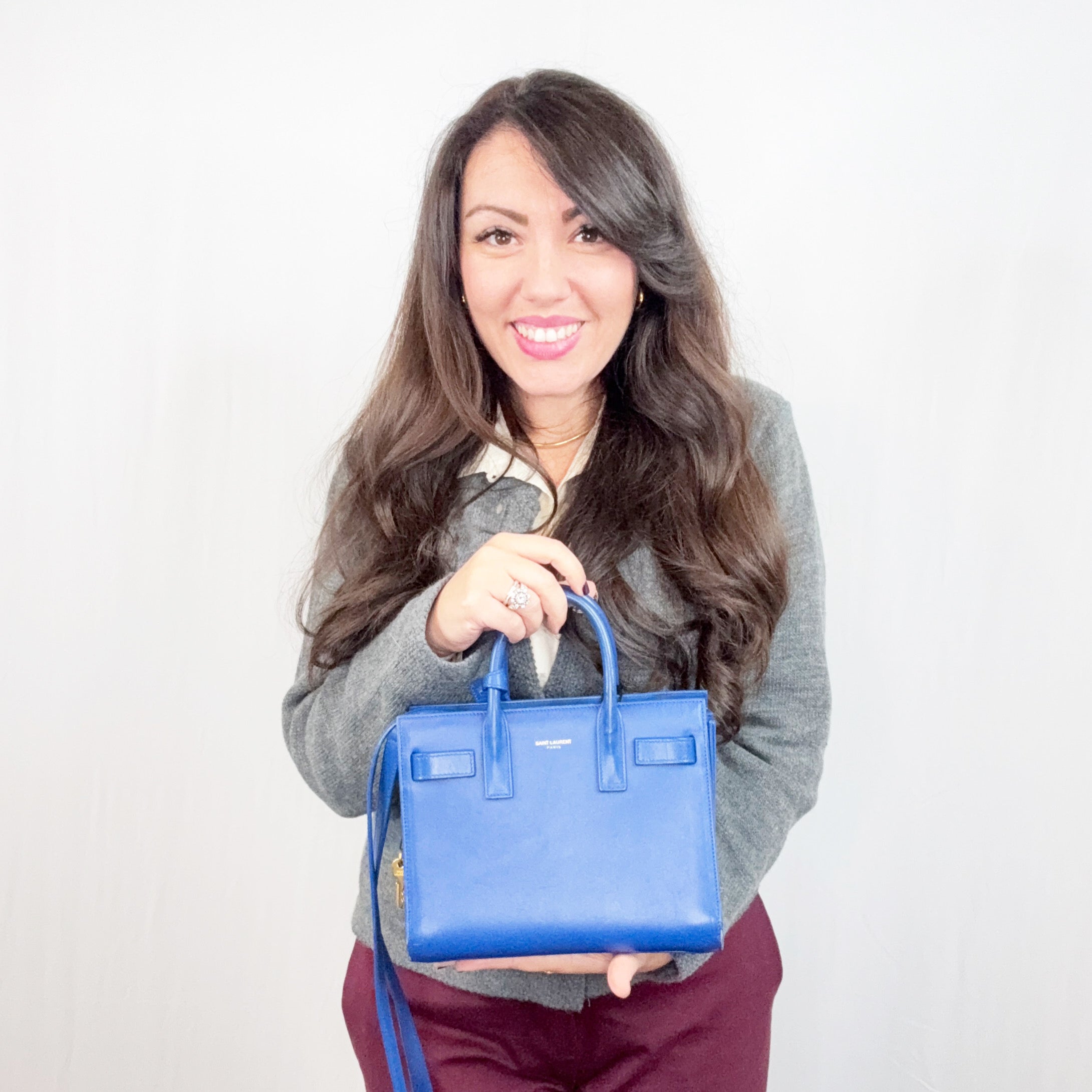 Borsa tote Sac De Jour Nano in pelle blu Saint Laurent con tracolla