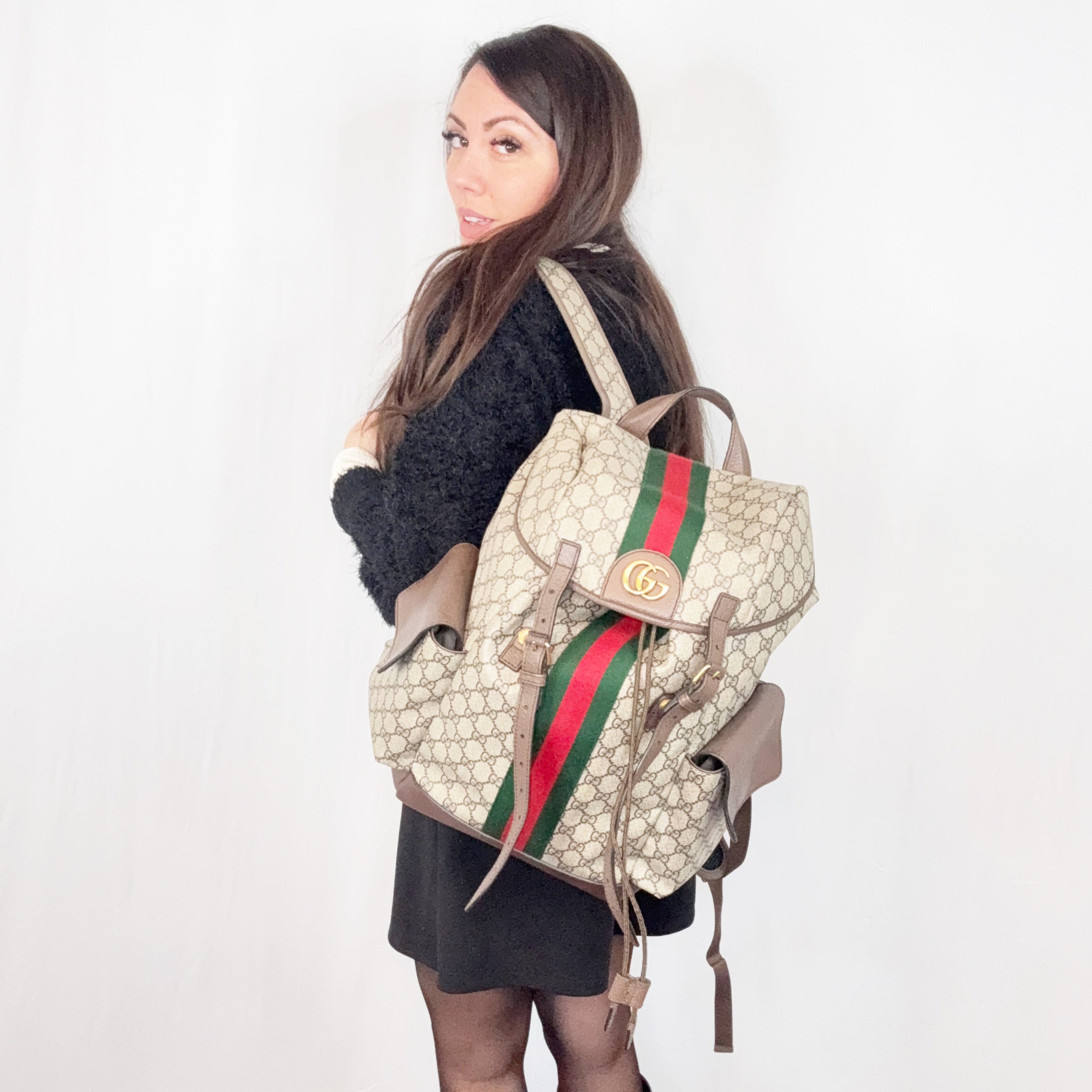 Gucci Beige Monogram GG Supreme Ophidia Canvas Backpack Bag