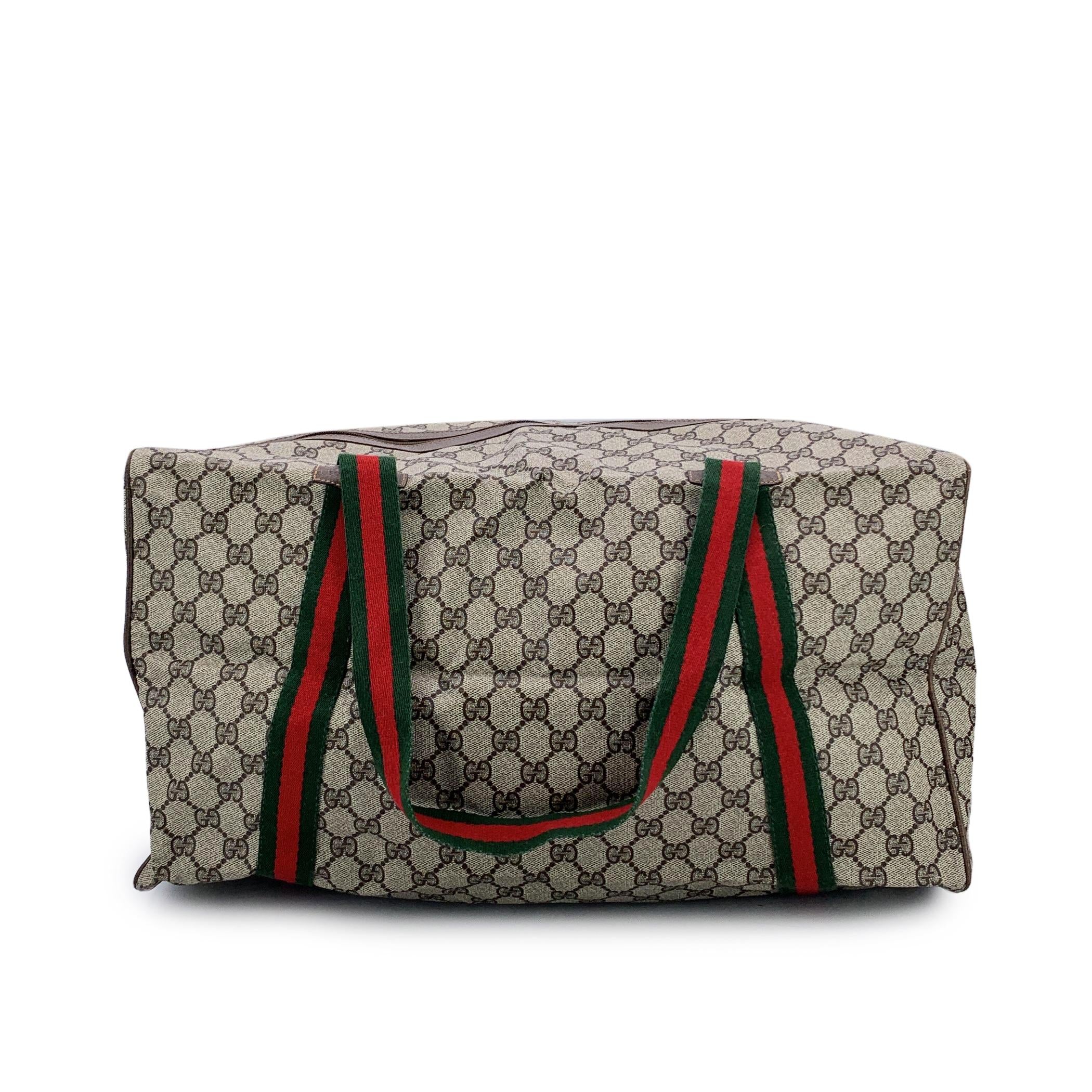 Gucci Vintage Beige Monogram Canvas Web Duffle Travel Bag