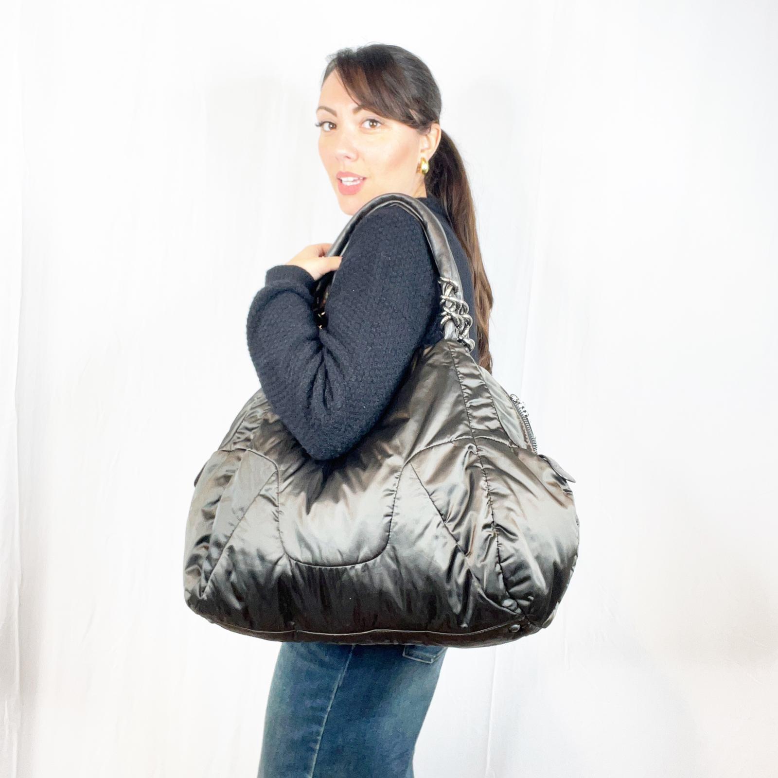 Fay Black Shiny Nylon Puffer Tote Shoulder Bag