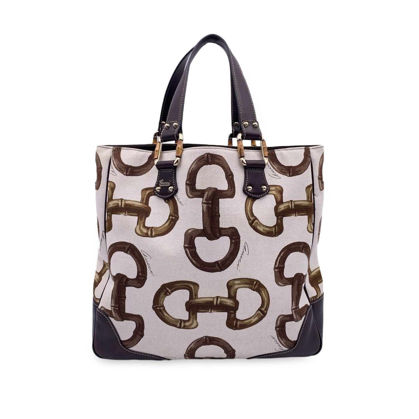 Gucci Logo Print Leather Tote Bag in White