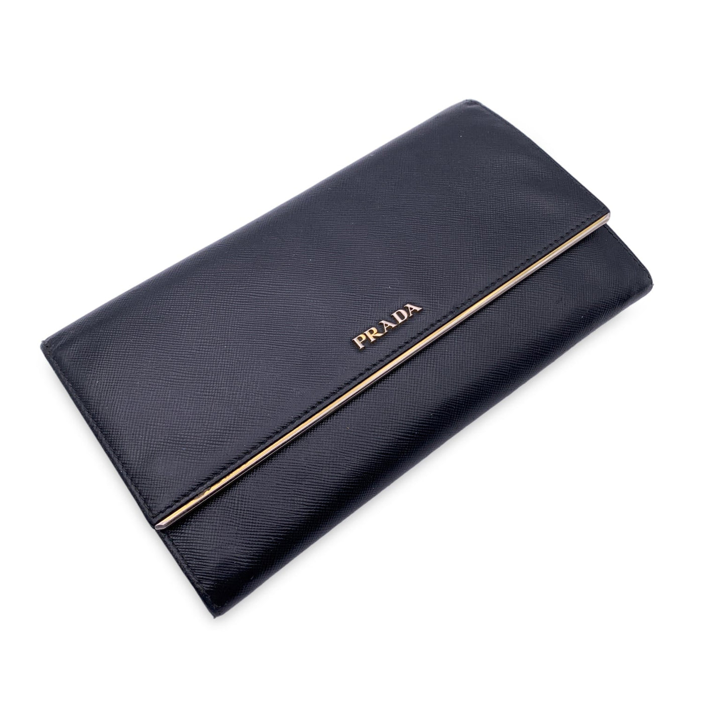 Prada Beige Saffiano Leather Metal Bar Flap Continental Wallet