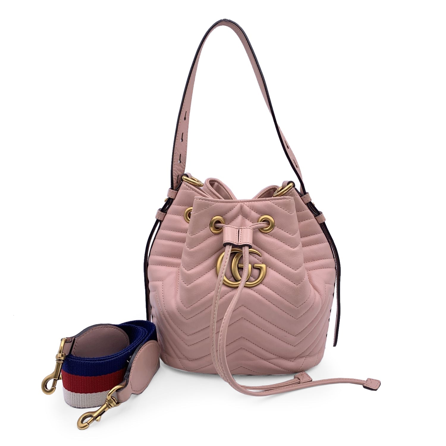 Gucci Pink Leather GG Marmont Matelass Drawstring Bucket Bag