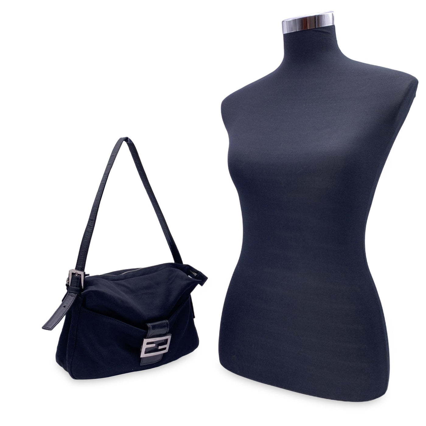 Fendi Black Fabric Front Pocket Baguette Shoulder Bag Handbag