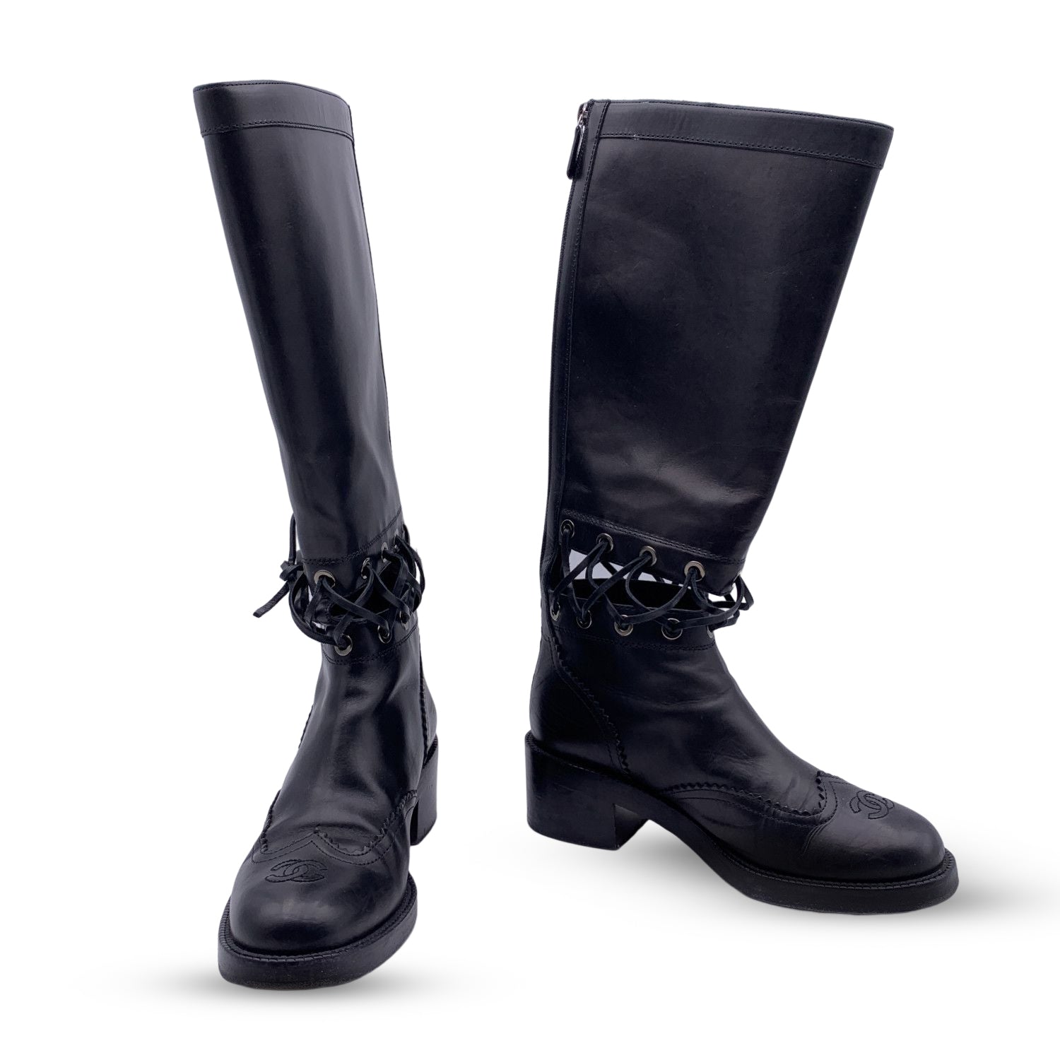 Chanel black knee high clearance boots