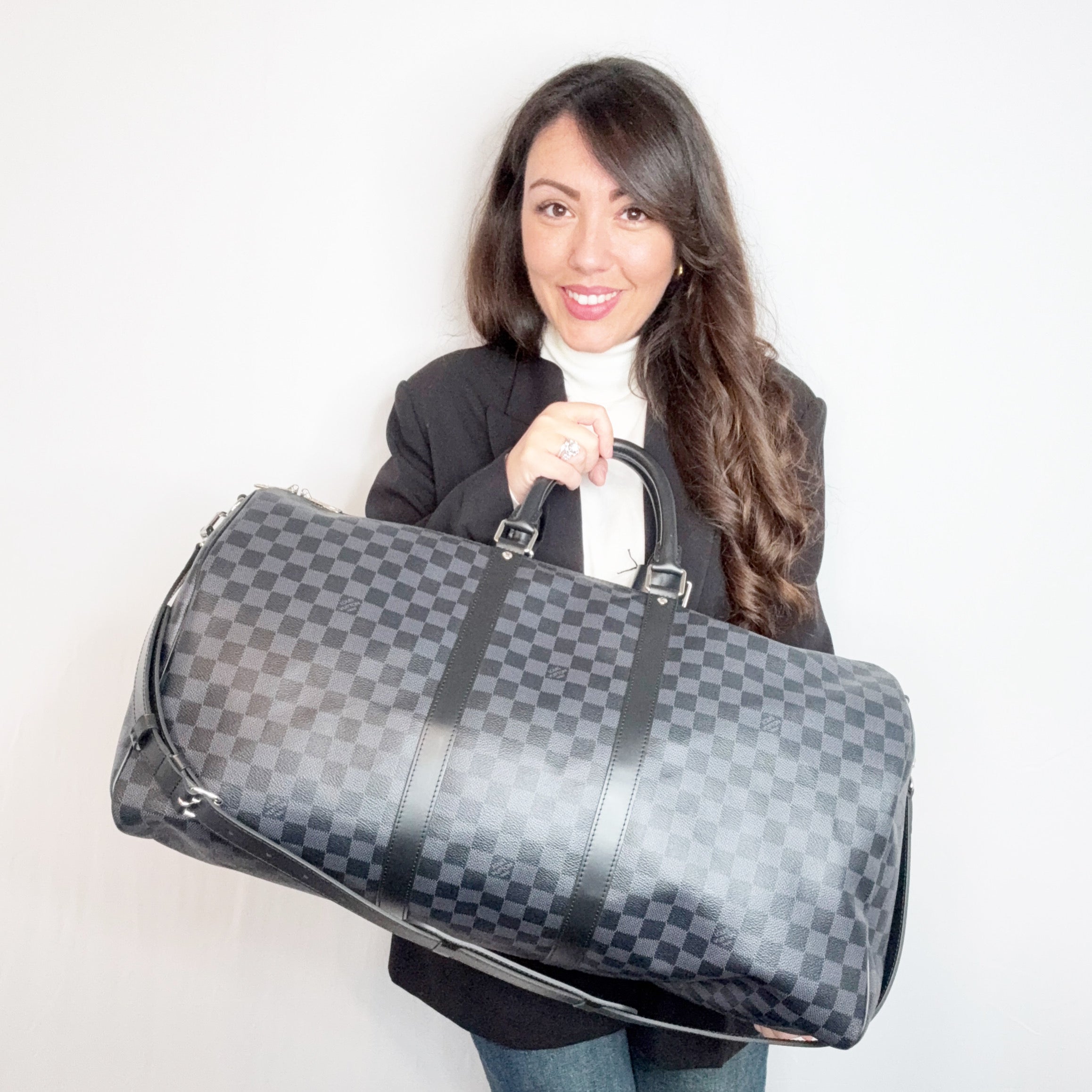 Borsa Keepall 55 Bandouliere in tela Damier Graphite di Louis Vuitton